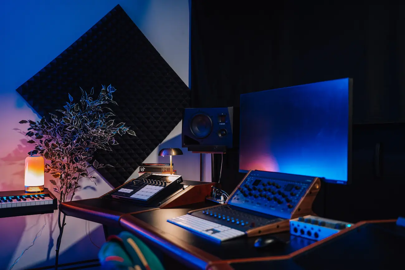 The production desk with a lamp, a plant and a diamond foam panel